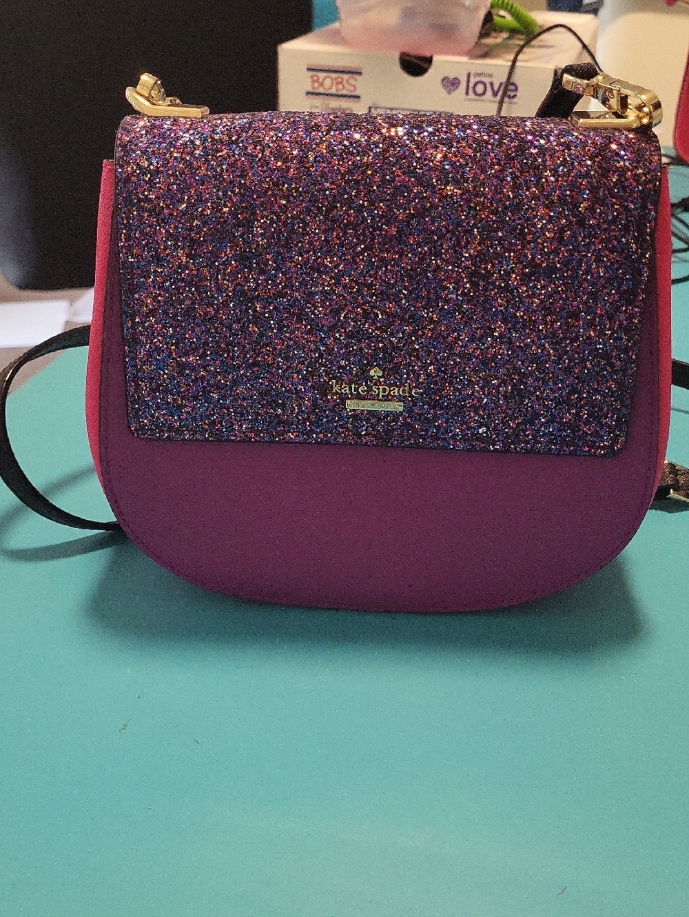 kate spade Laurel Way Purple and Pink Glitter Saddle Crossbody